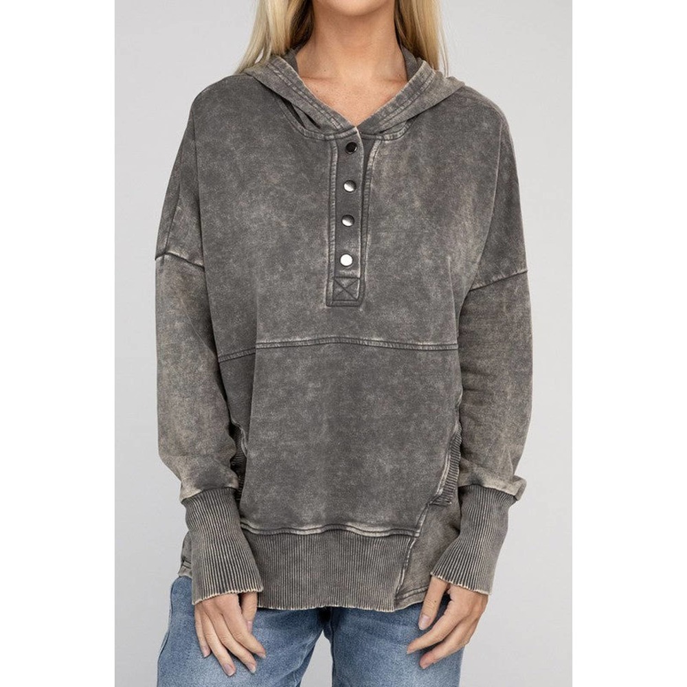 ZENANA French Terry Acid Wash Kangaroo Pocket Hoodie Sweatshirt in Mocha Grey - Picture 8 of 9
